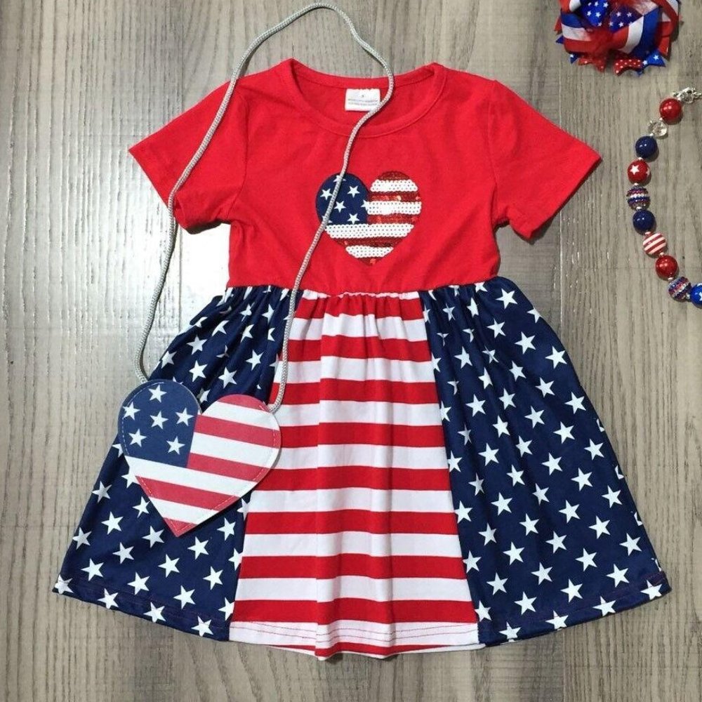 NEW 4th of July Girls Boutique Short Sleeve Star Dress & Purse